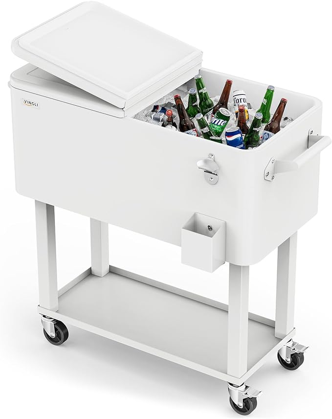 VINGLI 80 Quart Rolling Ice Chest, Portable Patio Party Bar Drink Cooler Cart, with Shelf, Beverage Pool with Bottle Opener