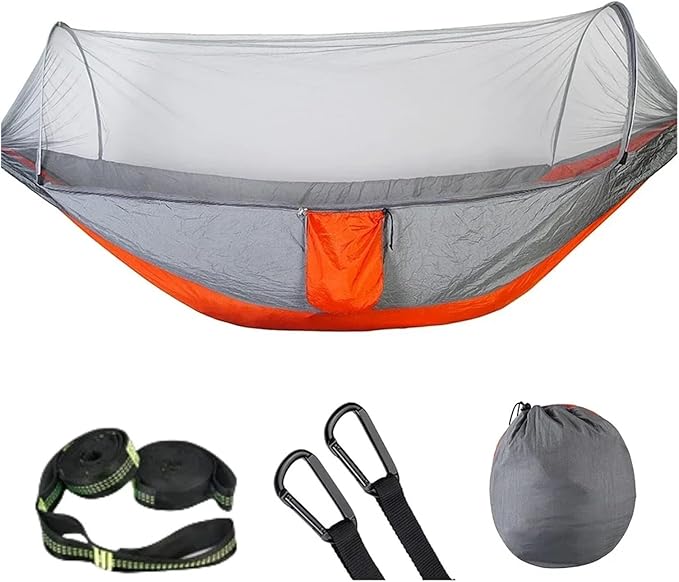 Compatible For Camping Hammock With Mosquito Net Pop-Up Light Portable Outdoor Parachute Hammocks Swing Sleeping Hammock Camping Stuff(Orange-6 rings)