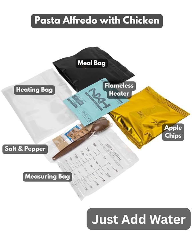 Heaven's Harvest Self-Heating Emergency Meal Kit (10 Year Shelf Life) — Tastier than MRE Meals & Ready-To-Eat in Minutes! Just add water to activate the “cooking” process. (Pasta Alfredo) (6-Pack)