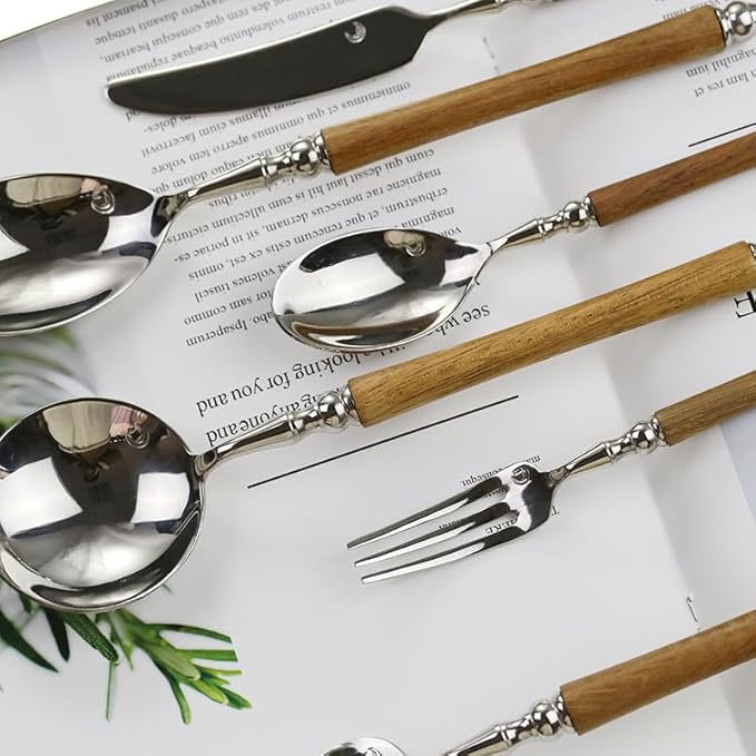 Silverware Flatware Cutlery Set， 3/12/18/24/30/36 Pcs 304 Stainless Steel Knife， Fork and Spoon Cutlery Creative Yellow Wood Handle Cutlery Set，Red-30 Pieces for 10