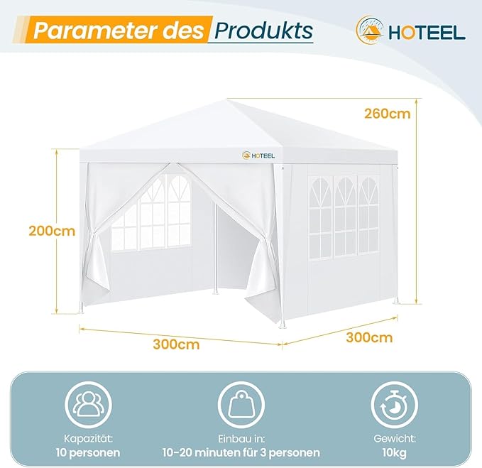 HOTEEL 10x10FT Party Tent with 4 Removable Sidewalls for Parties, Carpas para Fiestas, Weddings, BBQ, Waterproof Outdoor Event Canopy, Patio Camping Gazebo, White