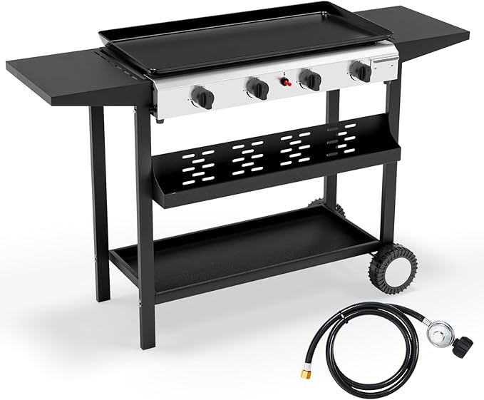 Bonnlo 4 Burner Portable Propane Griddle, 40,000BTU Gas Grill with Enameled Tray, Rolling Flat Top Grill with Electronic Ignition, Side Shelve & Regulator, Ideal for Outdoor Patio Cooking BBQ