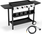 Bonnlo 4 Burner Portable Propane Griddle, 40,000BTU Gas Grill with Enameled Tray, Rolling Flat Top Grill with Electronic Ignition, Side Shelve & Regulator, Ideal for Outdoor Patio Cooking BBQ