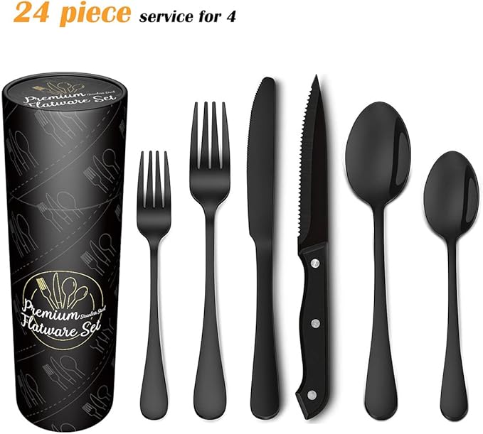 48 Piece Black Flatware Set for 8 Stainless Steel Cutlery Sets Delicate Camping Silverware Set for Kitchen Hotel Picnic Restaurant Include Knife Fork Spoon Steak Knife Dessert Fork Dessert Spoon