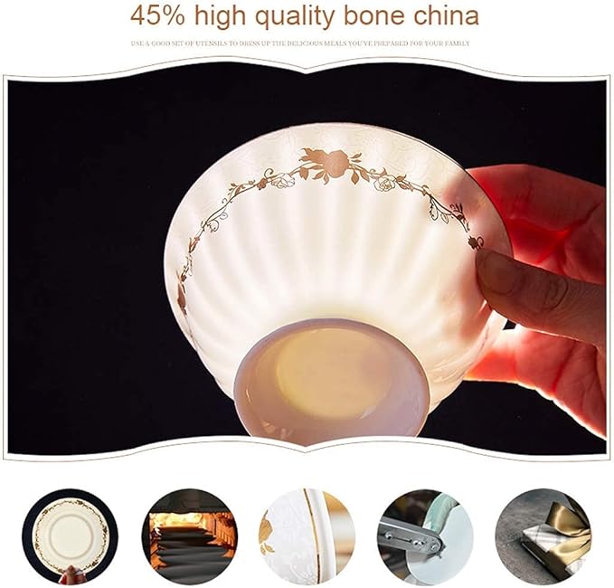 Ceramic Tableware Set with 46 Pieces, Bowl/Soup Pot/Spoon | Bone China Tableware Sets, Gold Rose Pattern Porcelain Combination Set