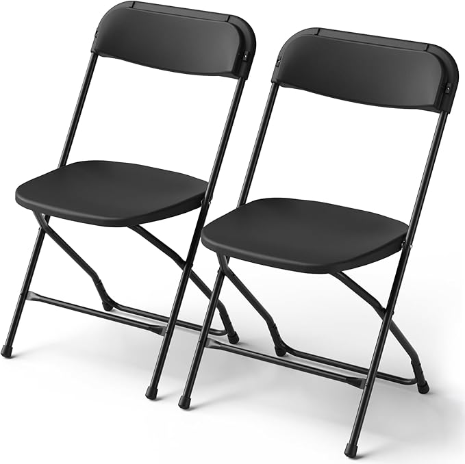 Folding Chairs 2 Pack, Plastic Folding Chairs for Outside, Heavy Duty Foldable Chairs, Sturdy Metal Folding Chairs, 350 lbs Capacity, for Patio, Garden, Camping, Black