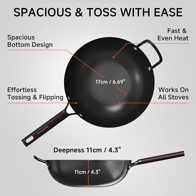 13.5" Carbon Steel Wok Pan - Pre-Seasoned Flat Bottom Woks & Stir-fry Pans Chinese Cookware with Lid & Spatula - For Pan-fry,Stir Fry, Steam, BBQ & Camping - Compatible with Induction, Gas