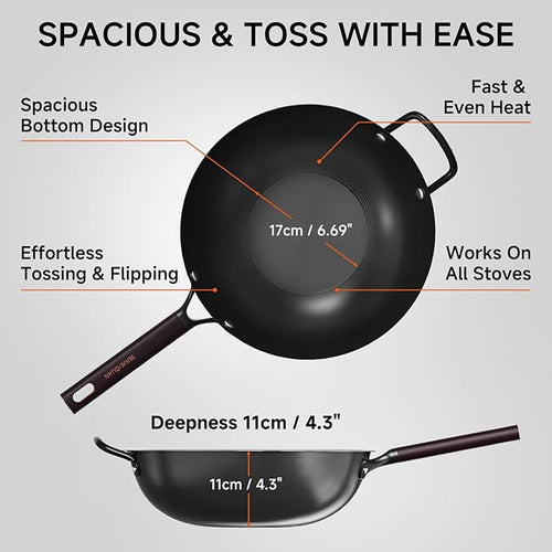 13.5" Carbon Steel Wok Pan - Pre-Seasoned Flat Bottom Woks & Stir-fry Pans Chinese Cookware with Lid & Spatula - For Pan-fry,Stir Fry, Steam, BBQ & Camping - Compatible with Induction, Gas