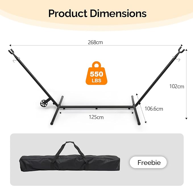 ONCLOUD 9 FT Hammock Stand Only, Heavy Duty Adjustable Indoor Outdoor Space Saving Steel Stand with Carrying Case, Universal Hammock Stand with 450 Pounds Capacity for Garden (Black w/Wheel)