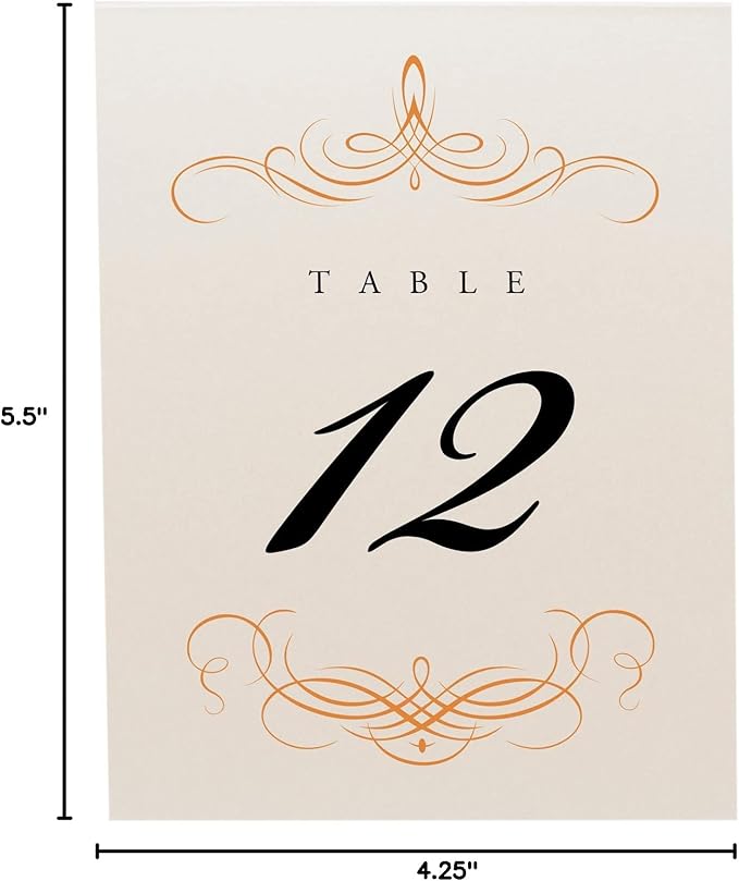 Decadent Flourish Wedding Table Numbers (Select Color/Quantity), Champagne, Orange, 1-35, Double Sided, Tent or Use in a Stand, Great for Parties & Restaurants - Made in the USA