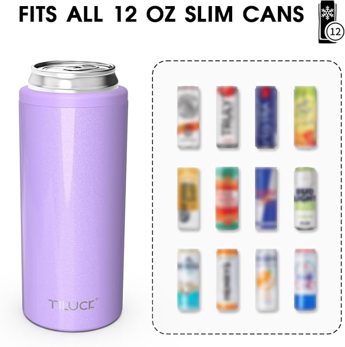 TILUCK Skinny Can Cooler for Slim Beer & Hard Seltzer, Stainless Steel, Doucle-Walled Stainless Steel Insulated Slim Cans, Standard 12 oz (Lavender)