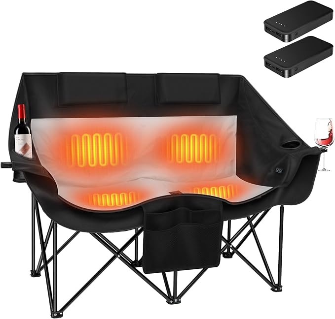 Heated Double Camping Chair with 2 20000mAh Battery Pack, 2 Control Switches 2-Person Loveseat, 550 lbs for Outdoor Sports, Picnics, Rugby Match, Lawn. Make Your Autumn and Winter Warmer