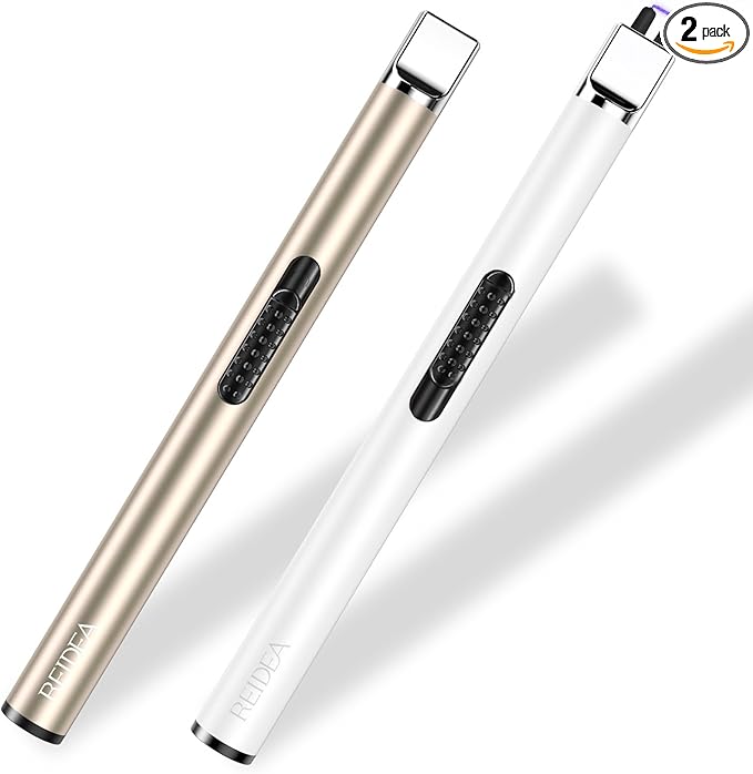 REIDEA Electronic Candle Lighter - USB Rechargeable with Security Lock, Windproof, Non-Slip Switch for Candle, Grill, Camping (Champagne Gold + White)