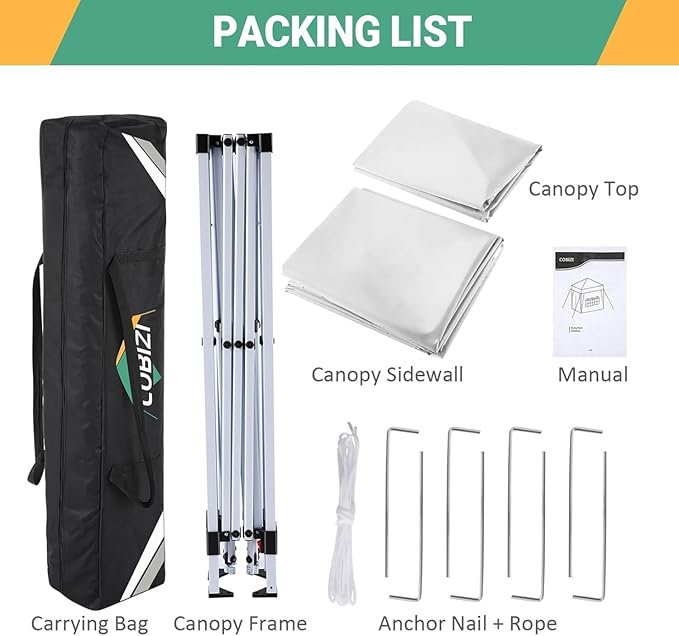 COBIZI 10x10 Pop Up Canopy Tent with 4 Sidewalls Party Tents Waterproof UPF 50+ Commercial Instant Outdoor Events Tent for Parties Markets Backyard, Ropes（10 x 10 ft White