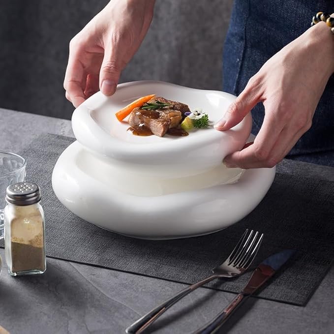 Camping Plates Creative Western Hotel Ceramic Dish Restaurant Special-Shaped White Cloud Artistic Conception Dessert Pastry Pure Tableware Decorative Plate(8 in)