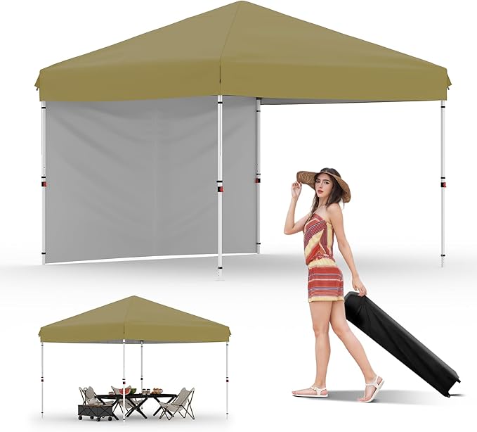 10x10 Instant Pop-Up Canopy with 1 Sidewall – Easy 1-Button Setup, Includes Roller Bag, 3 Height Settings & 4 Weight Bags – Perfect for Backyard, Beach, Sports & Parties,Khaki