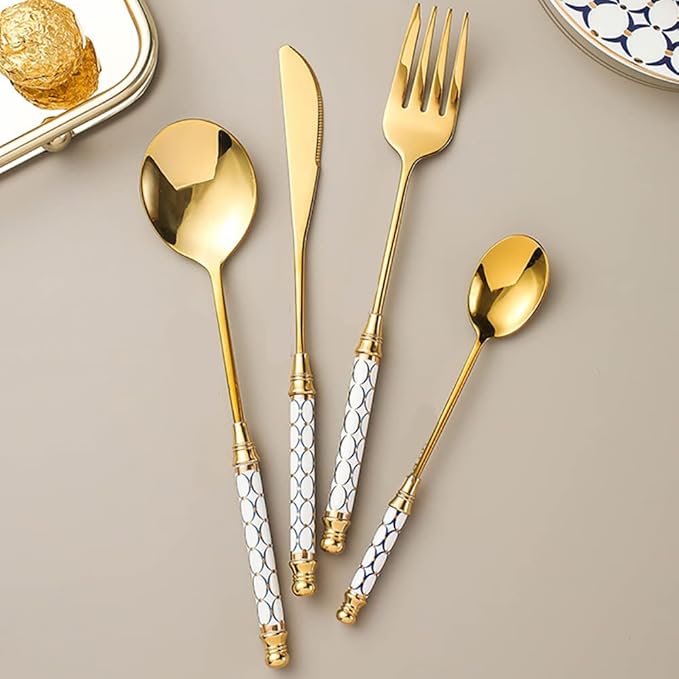 Luxury 24 Pieces Silverware Set for 6, Modern Unique Stainless Steel Gold Flatware Cutlery Set, Eating Tableware Utensils for Home Restaurant Wedding Party