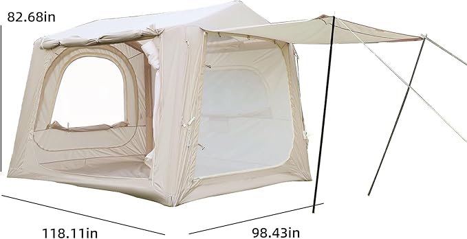 KEIKI Oxford Hot Tent for Camping, 2/3/4/6/8 Person Large Inflatable Tents w/Detachable Canopy, 4 Season Waterproof Tent for Hike Backpacking, Stove Jack AC Port, Mesh Doors Windows, Pump, Easy Setup