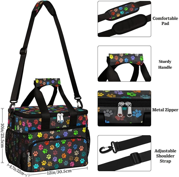 Pardick Insulated Lunch Bag, Colorful Dog Paw Print Reusable Lunch Box Leakproof Cooler Tote Bag Large Lunchbox Freezable Lunch Bag with Adjustable Shoulder Strap for Women Men Picnic Work Beach