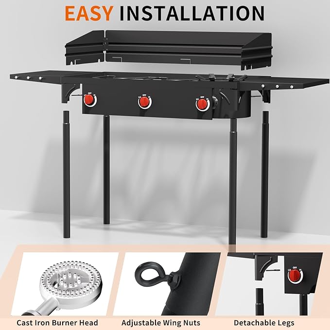 SKOK 3 Burners Portable Propane Stove with Wind Panel&Side Shelves, Camping Propane Stove, Outdoor Stove for Camping