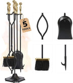 AMAGABELI GARDEN & HOME Fireplace Tools Set 5 Pieces Log Gold Handle Wrought Iron Fire Set with Stand Holder Fireset Fire Pit Indoor Outdoor Tongs Shovel Brush Poker Wood Stove Hearth Accessories