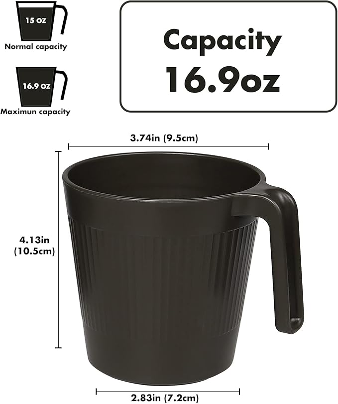 Ribbed Drinking Glasses Coffee Mugs Set of 8, Plastic Coffee Cups 16.9 OZ Unbreakable Tumblers with Handle, Reusable Drinking Cups for Camping/Dorm/RV