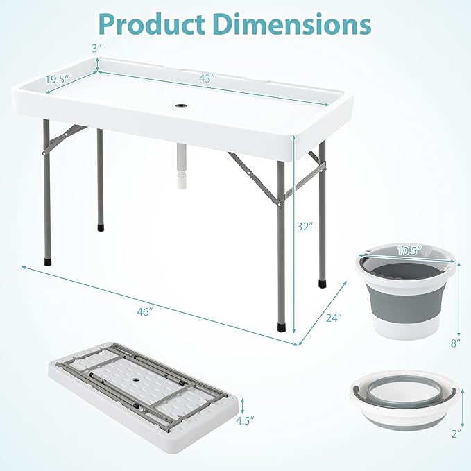 Giantex Folding Ice Cooler Table, 46'' Outdoor Chill Bar Table with Drain, Foldable Bucket & Removable Matching Skirt, for Events, Party, Camping, Buffet Beverage Server, White