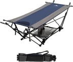 ALPHA CAMP Portable Hammock Bed with Stand, Foldable Lounge Camping Bed for Patio, Backyard, Garden, Poolside, Beach, Lawn, Porch Include Pillow, Storage Net, Side Pocket with Cup Holder