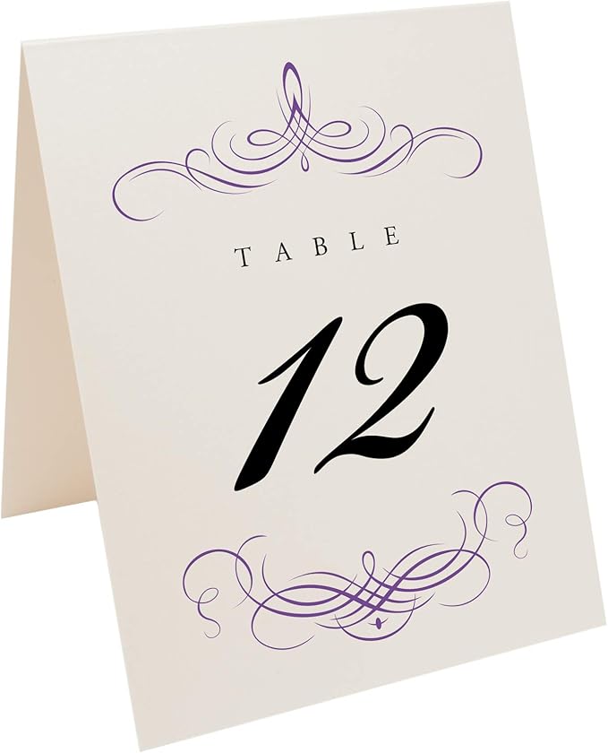 Decadent Flourish Wedding Table Numbers (Select Color/Quantity), Champagne, Purple, 1-65, Double Sided, Tent or Use in a Stand, Great for Parties & Restaurants - Made in the USA