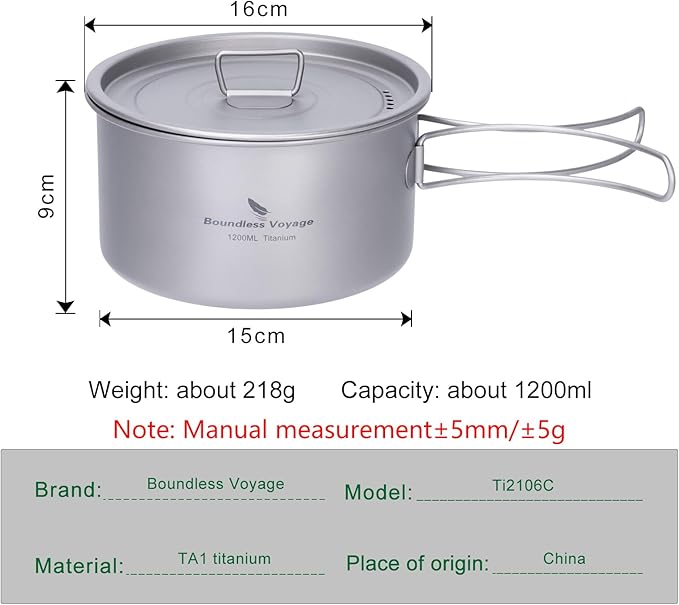 Boundless Voyage Camping Cookware Lightweight Cooking Pot Set Titanium Pot Portable for Outdoor Cooking Traveling Hiking Trekking Backpacking, 1-5 Person