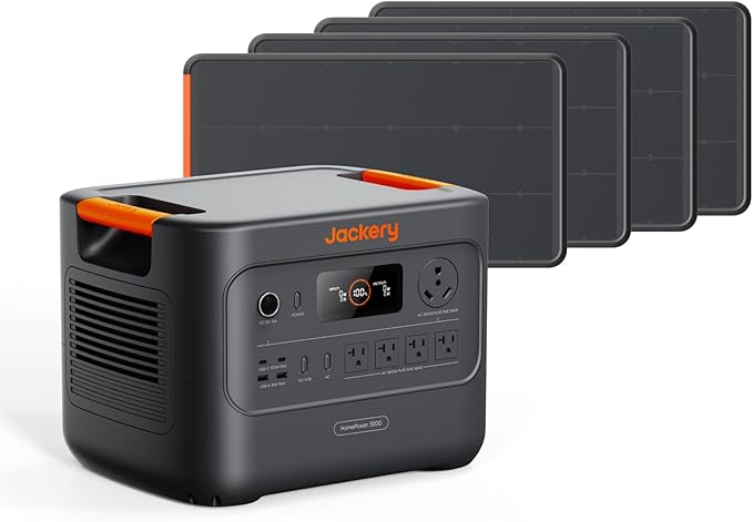 Jackery HomePower 3000 Portable Power Station with 4X 100W Prime Panels, 3600W (7200W Surge), 3072Wh LFP Battery, USB-A/C, Home Backup, RV & Emergencies, Grey
