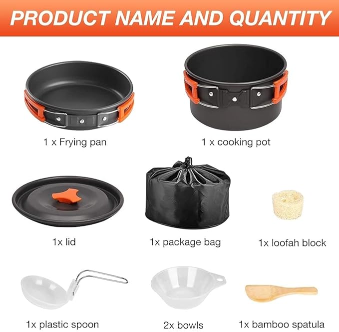 MDybf Camping Cookware Kit Portable Kitchen Cooking with Folding Handle Travel Tableware Lightweight Bowls Utensil Pot Pan Set for 1 to 2 People Outdoor Backpacking Hiking Picnic Camping BBQ