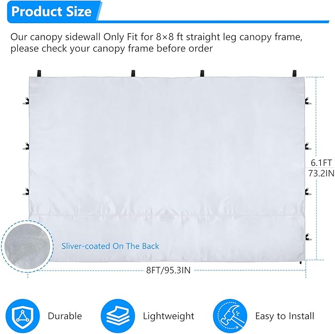 Joramoy Canopy Tent Sidewalls for 8×8 Pop Up Canopy, Instant Canopy SunWall with Waterproof and UV Protection Layer, Straight Leg Canopy Shade Wall, 1 Pack Sidewall Only(White)