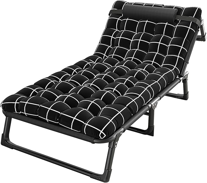 Talent Star Folding Lounge Chair with Mattress and Pillow Indoor Outdoor, 4 Position Adjustable Toffee Sleeping Bed Cot Chaise for Sunbathing Tanning Poolside Office Camping Lawn Pool Beach Patio 75cm