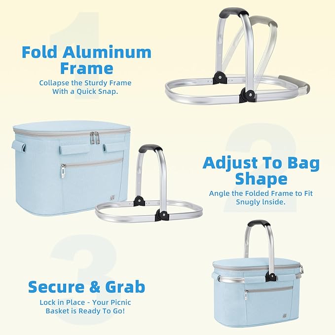 ALLCAMP Picnic Basket - Insulated Cooler, Thickening Foldable Picnic Basket with Removable Baskets & Sewn-in Frame, Basket for House Warming Gifts New Home(Light Blue)