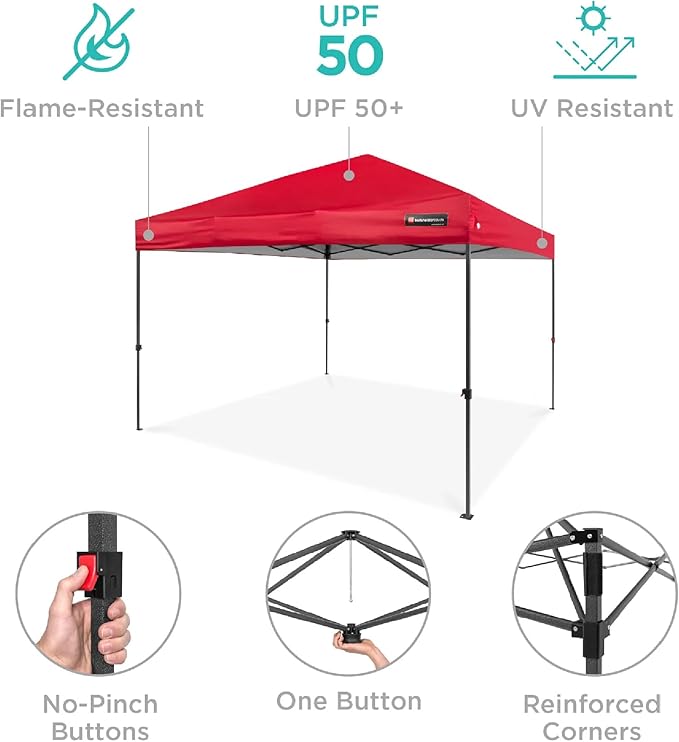 Best Choice Products 10x10ft Pop Up Canopy Tent, Outdoor Shade, 1 Person 1 Minute Set Up, Carry Case, 4 Weight Bags - Red