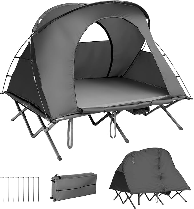 Tangkula 2-Person Tent Cot, 4-in-1 Folding Tent with Waterproof Rainfly, Self-Inflating Mattress & Roller Carrying Bag, Portable Off Ground Elevated Tent with Shoe Storage Pocket & Lamp Hook