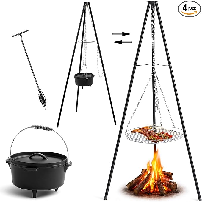 Maxdot Camping Tripod Dutch Oven for Camp Fire Cooking Equipment, 4 Quart Cast Iron Dutch Oven with Lid, Adjustable Height Tripod Campfire Lantern Hanger, Grill Grate, Cap Remover for over Fire Pit