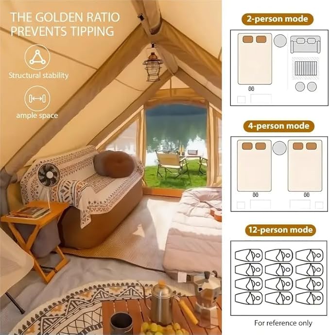 8/10/12 Person Large Inflatable Tents for Camping, 4 Season Blow Up Tents with Canopy/Rainfly, Luxury Inflatable Tent House with Stove Jack, Easy Setup Inflatable Camping Tent.