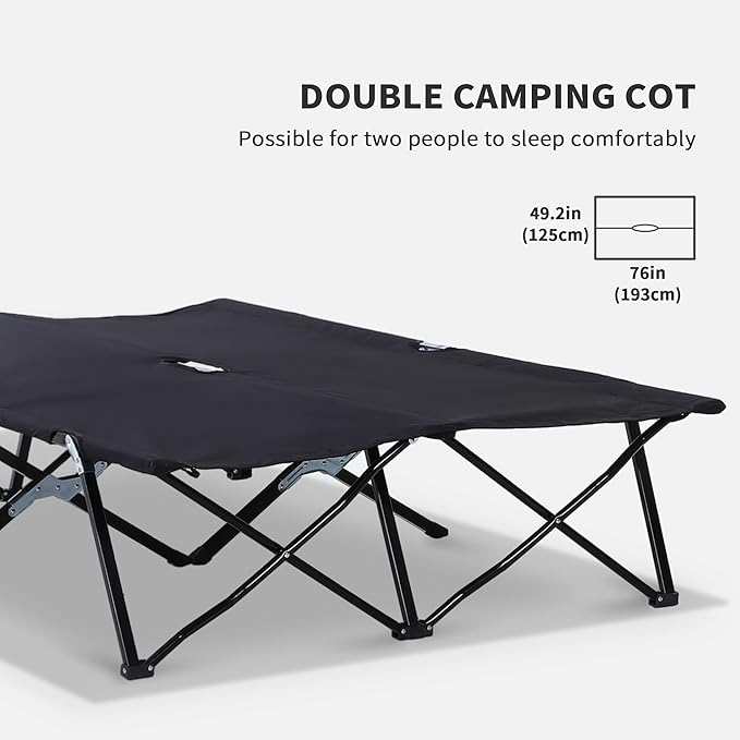 2 Person Folding Camping Cot for Adults, 50" Extra Wide Portable Sleeping Cot with Carry Bag, 300 lbs Capacity Elevated Camping Bed for Outdoor, Beach, Hiking, Black