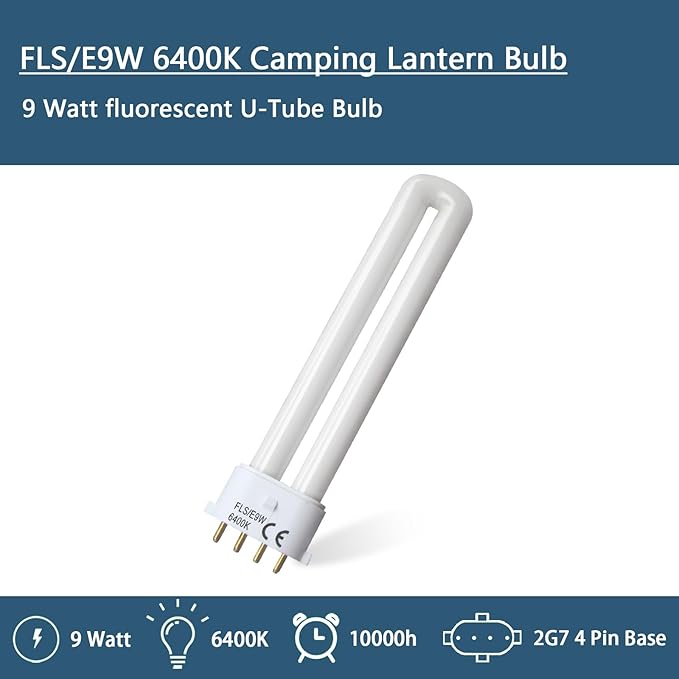 FLS/E9W 6400K Camping Lantern Bulb,Replacement for 9W Fluorescent Bulb,4 Pin 2G7 Base,5.5 inch Special Size,6400K(2PACK)
