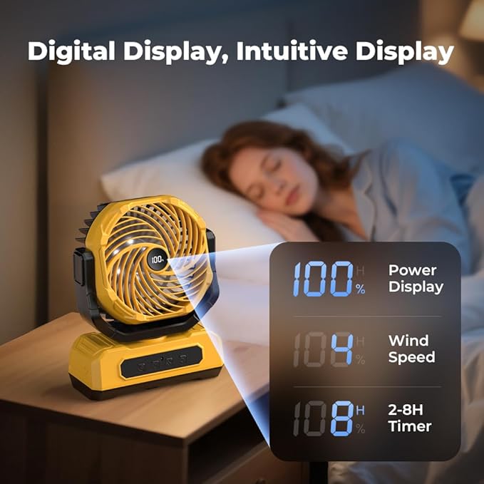30000mAh Portable Camping Fan with RGB Lantern, Rechargeable Battery Powered Oscillating 4 Wind Speeds LED Display, Remote Control Timer Tent Beach Cordless USB Fans for Travel Home Outdoor, Yellow