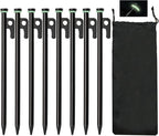 Tent Stakes, 8Pcs 10in Heavy Duty Forged Steel Tent Stakes +Storage Pouch, Metal Tent Stakes, Metal Stakes for Tent Used on Rocks, Grassland, Dessert, Stormy Weather（8Pcs 10in Tent Stakes）