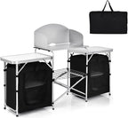 GYMAX Folding Camping Table, Portable Kitchen Table with 2 Zipper Organizer Shelf & Wind Screen, Foldable Cooking Table for Camping Hiking Picnic BBQ (Black)