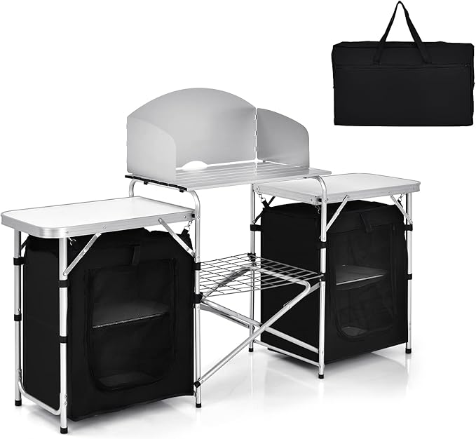 GYMAX Folding Camping Table, Portable Kitchen Table with 2 Zipper Organizer Shelf & Wind Screen, Foldable Cooking Table for Camping Hiking Picnic BBQ (Black)