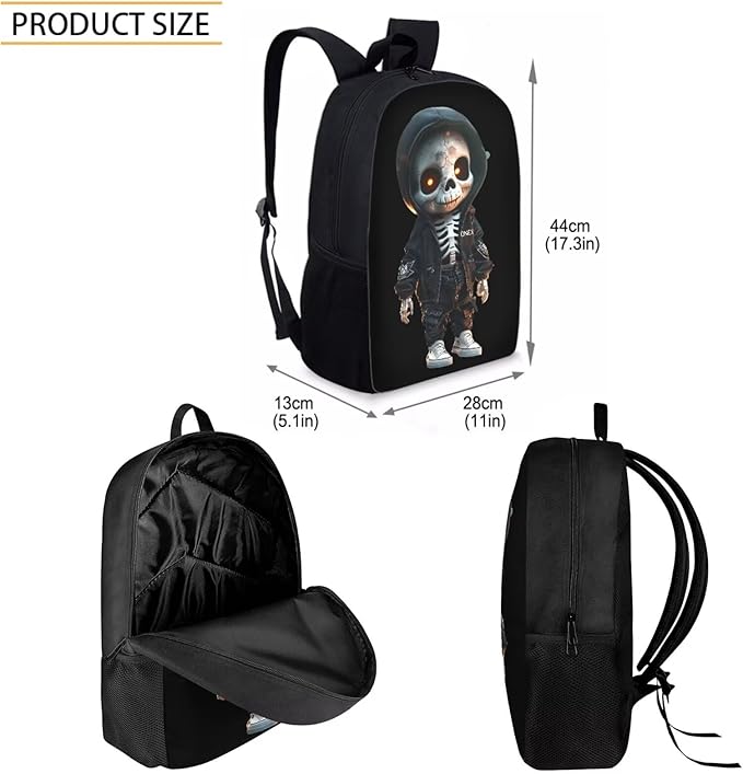 Skull Skeleton Backpack for School Boys 3 in 1 Cute Lightweight Kids Bookbag with Lunch Box 17 Inch Large Capacity Teens School Bags 7 Years Old for Toddler Back to School Travel Daypack