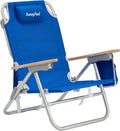 SUNNYFEEL Low Back Folding Beach Chair, Aluminum Heavy Duty Beach Chair with 5-Position, Portable Camping Chair for Adults with Wood Armrest, Lightweight Camping Chair 300lbs, Blue