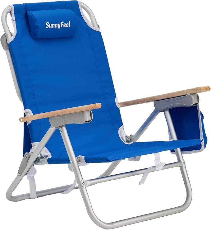 SUNNYFEEL Low Back Folding Beach Chair, Aluminum Heavy Duty Beach Chair with 5-Position, Portable Camping Chair for Adults with Wood Armrest, Lightweight Camping Chair 300lbs, Blue