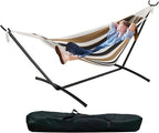 Double Hammock with Stand - Heavy Duty 450lbs Capacity, Portable Cotton Hammock for Two Adults, Indoor & Outdoor Use with Travel Bag(Coffee)