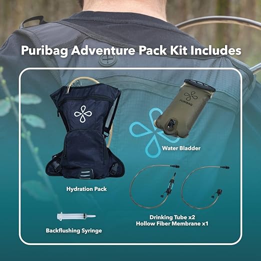 Puribag Adventure Pack: 2 Liter Tactical Hydration Backpack with Survival Water Filter - Best Water Backpack/Hydration Pack for Hiking, Running, Biking, Cycling, Skiing, Rucking & Outdoor Adventures